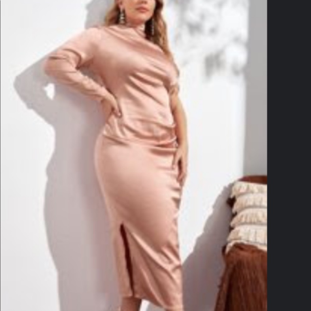 One shoulder mock neck satin dress